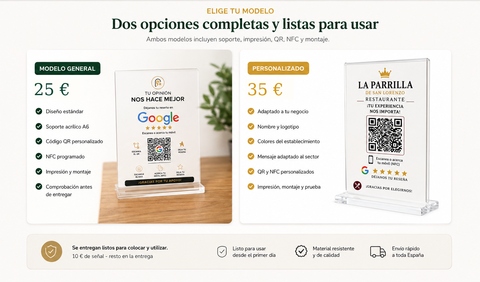 Comparativa profesional ReseñaTap: modelo general 25 euros y personalizado 35 euros